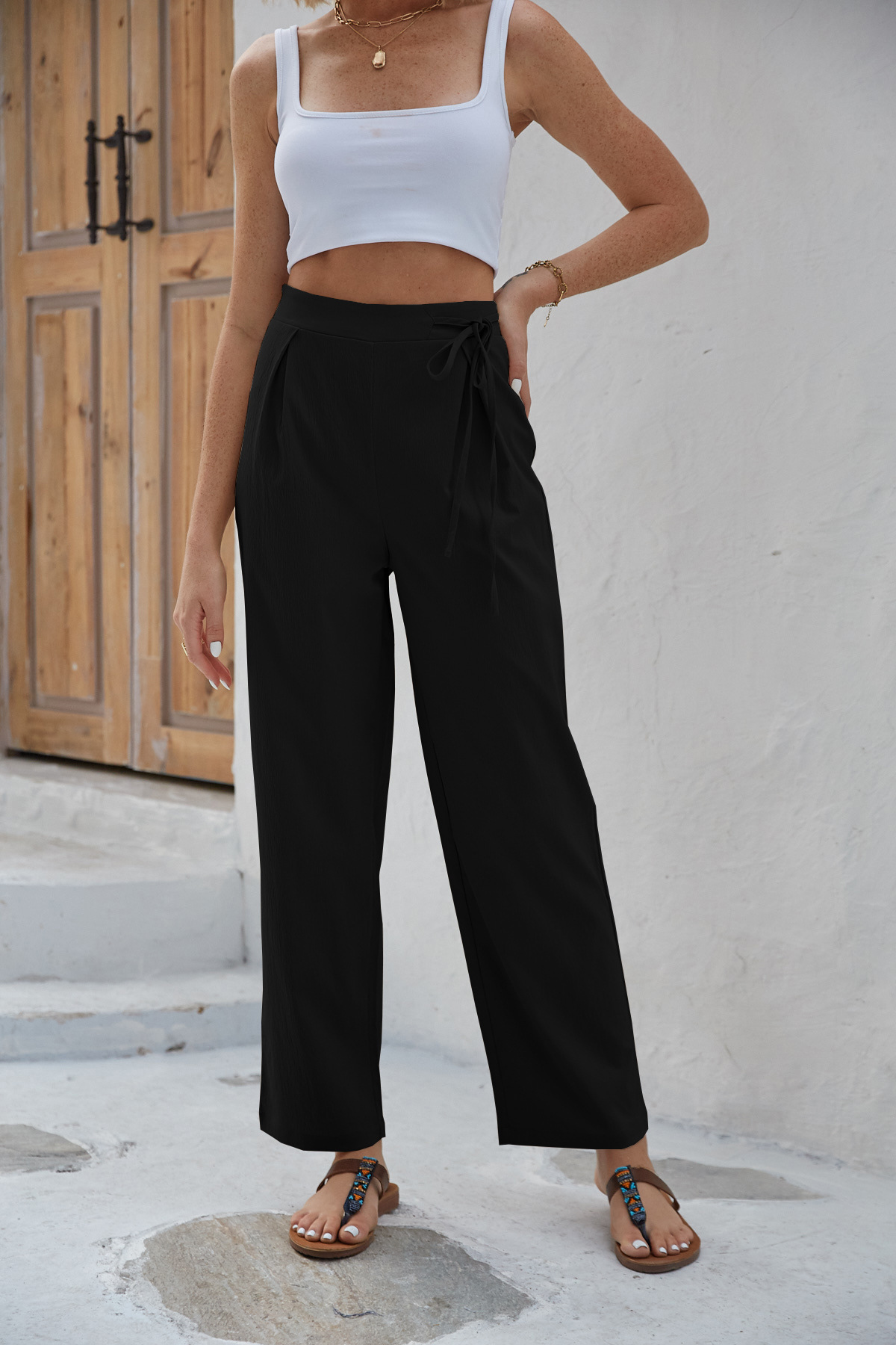 Draped high waist drawstring wide-leg trousers 36 02
