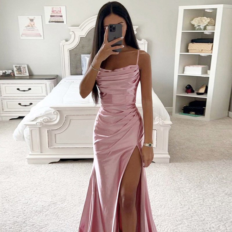 Gathered satin gown with slits 11