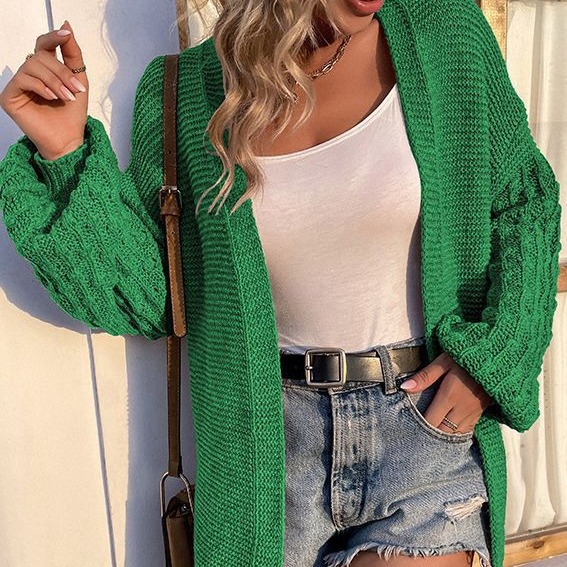 Solid color lantern sleeve cardigan sweater 56