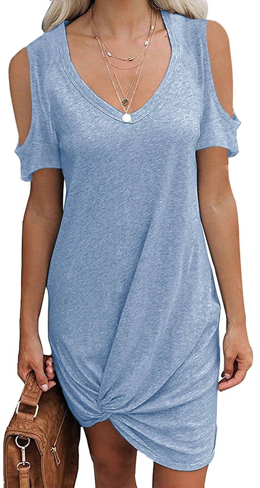 Solid Color Off Shoulder Twist T-Shirt Dress 5 01