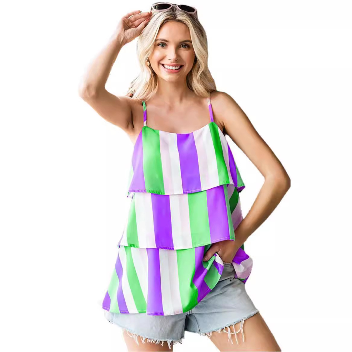 Women's striped printed pleated layered tank top 28 01